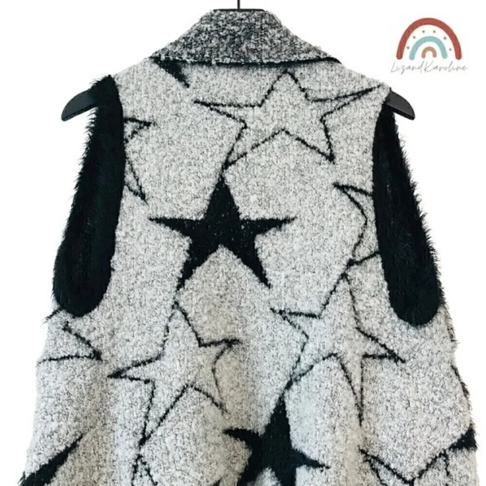 Milano Wool Stars Fuzzy Super Soft Sherpa Plush Cozy Winter Open Sweater Vest